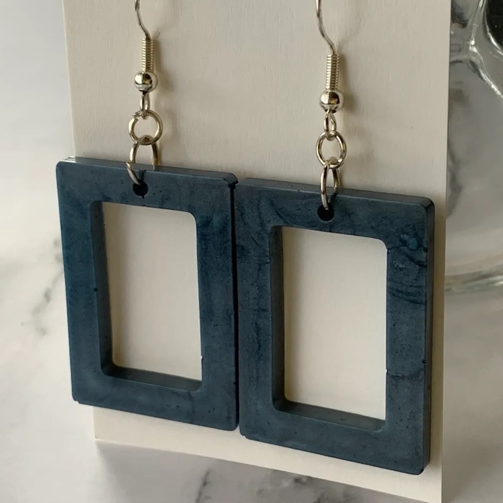 Slate blue open rectangle drop earrings